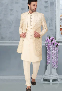 Embroidered Art Silk Sherwani in Cream
