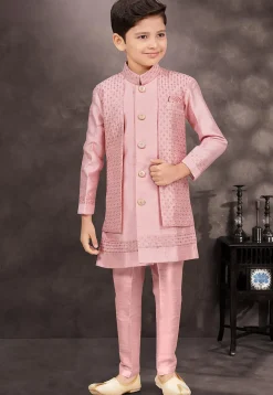 Embroidered Art Silk Sherwani in Pink