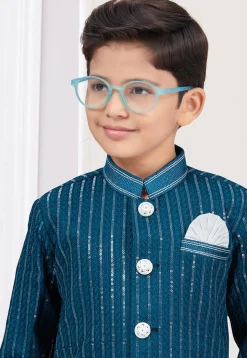 Embroidered Art Silk Sherwani in Teal Blue