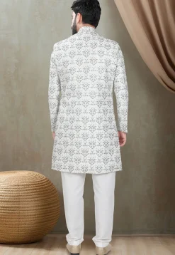 Embroidered Art Silk Sherwani in Off White