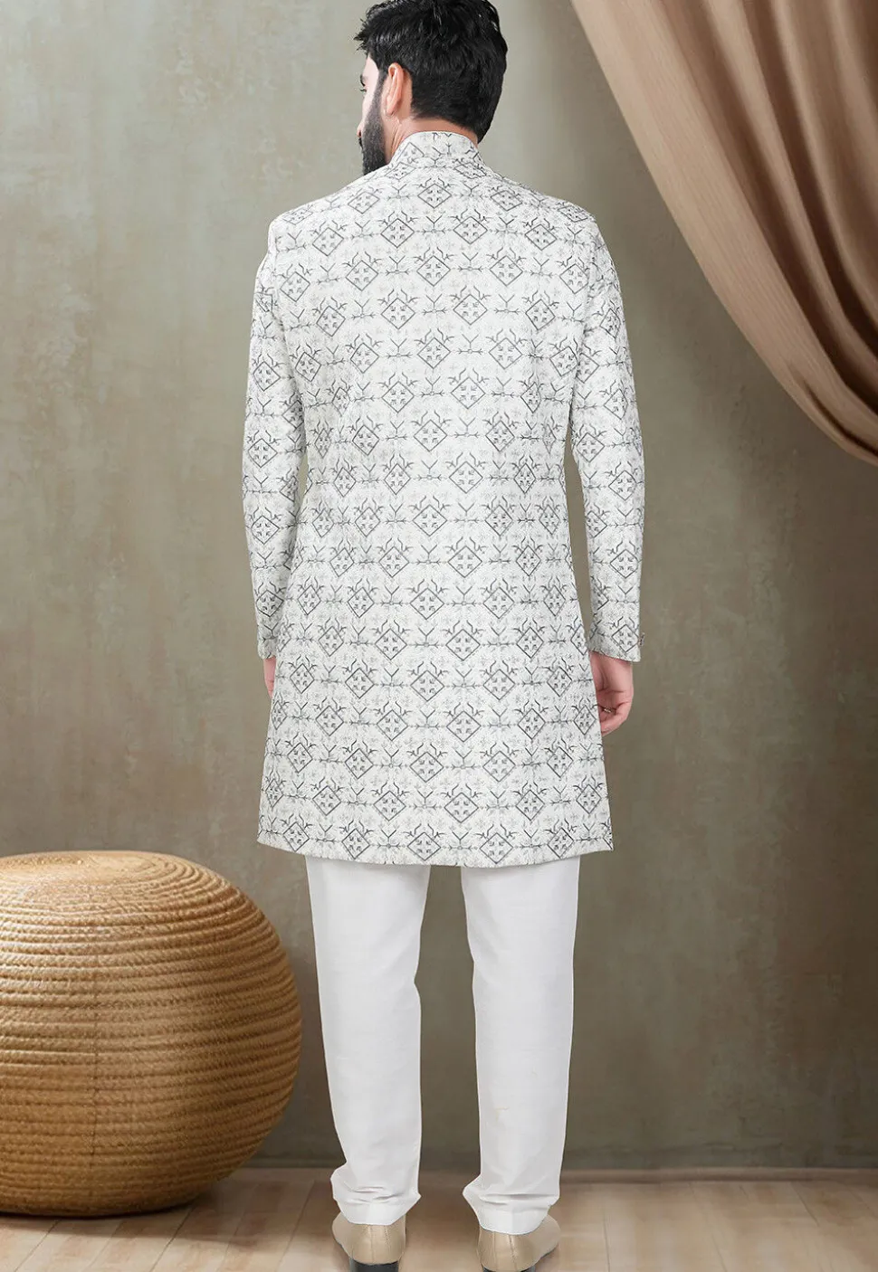 Embroidered Art Silk Sherwani in Off White