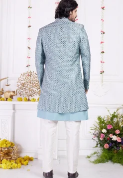 Embroidered Art Silk Sherwani in Blue