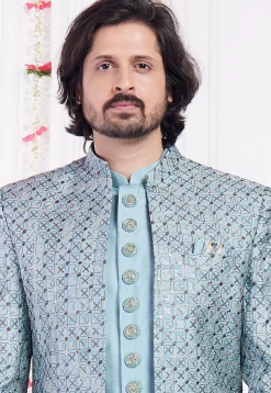 Embroidered Art Silk Sherwani in Blue