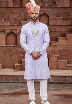 Embroidered Art Silk Sherwani in Light Purple