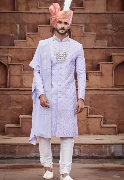Embroidered Art Silk Sherwani in Light Purple