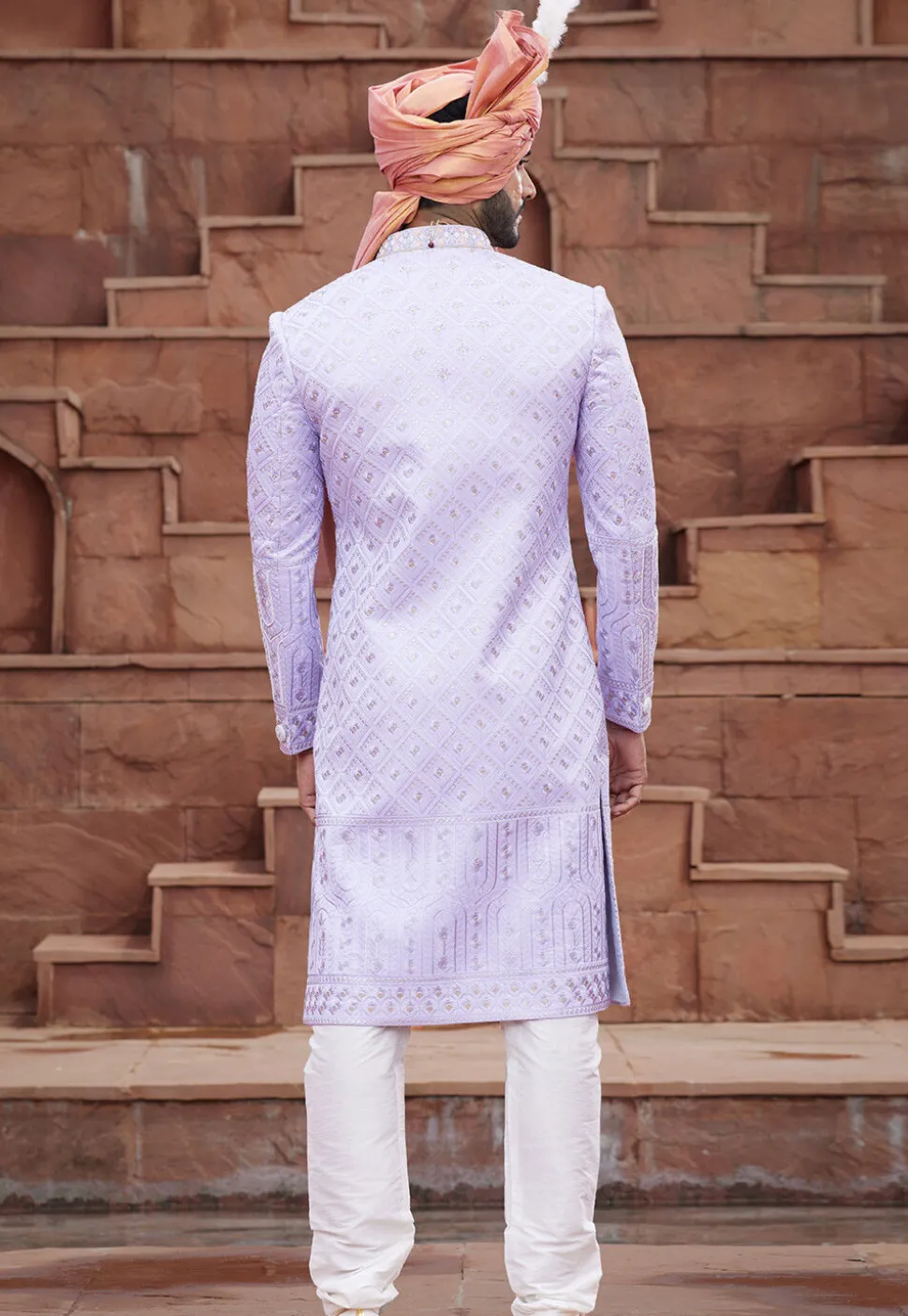 Embroidered Art Silk Sherwani in Light Purple