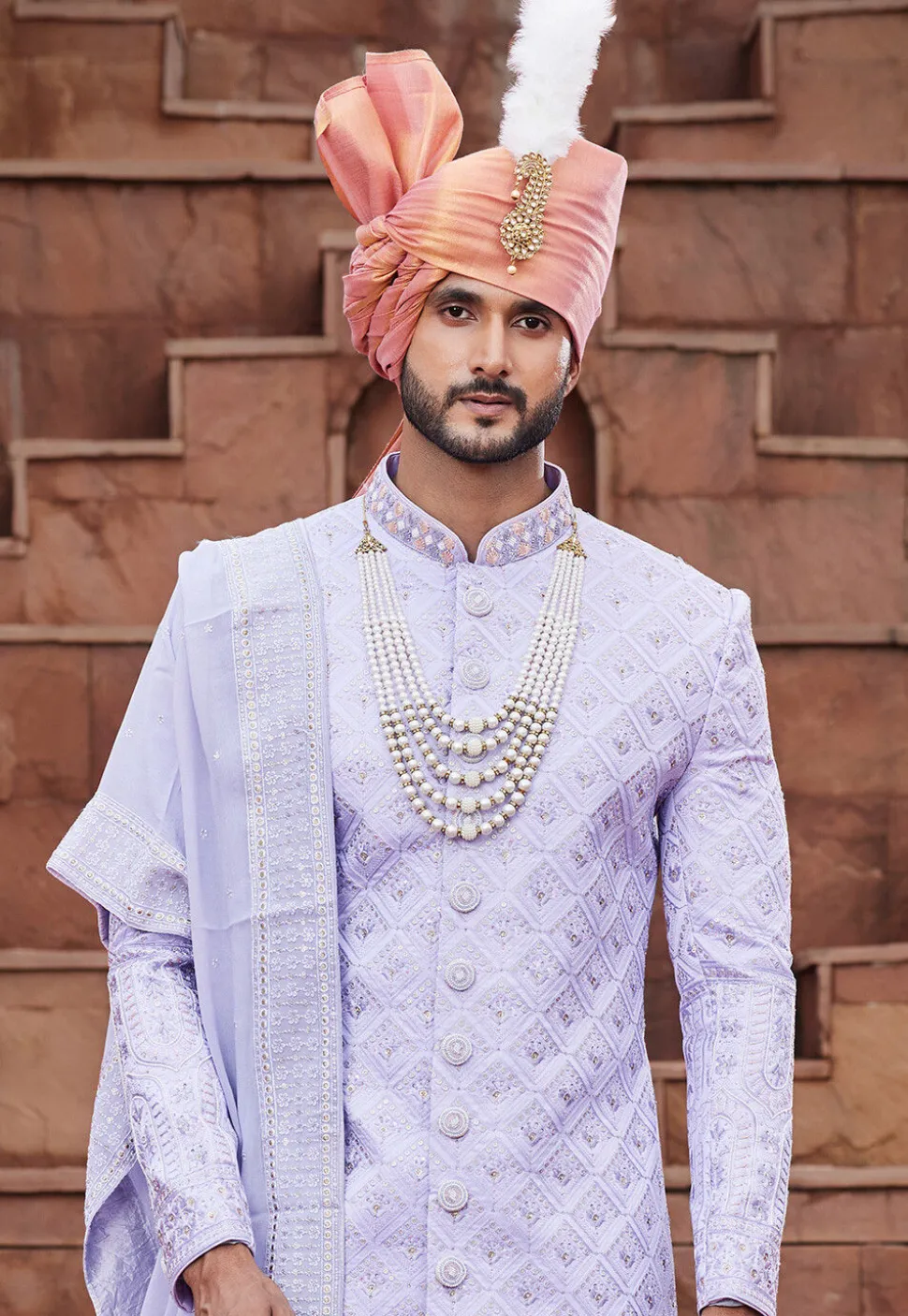 Embroidered Art Silk Sherwani in Light Purple