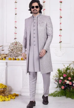 Embroidered Art Silk Sherwani in Grey