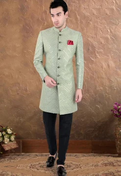 Embroidered Art Silk Sherwani in Light Green