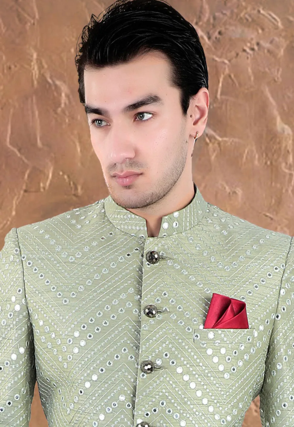 Embroidered Art Silk Sherwani in Light Green