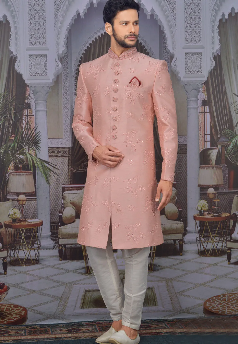 Embroidered Art Silk Sherwani in Peach