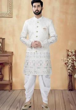 Embroidered Art Silk Sherwani in Cream