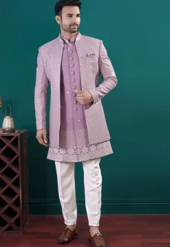 Embroidered Art Silk Sherwani in Purple