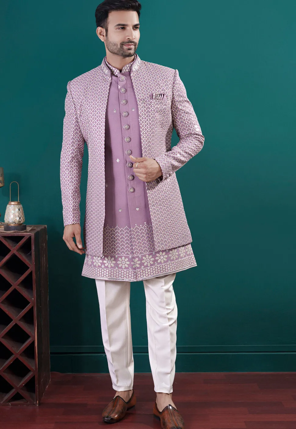 Embroidered Art Silk Sherwani in Purple
