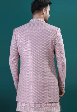 Embroidered Art Silk Sherwani in Purple