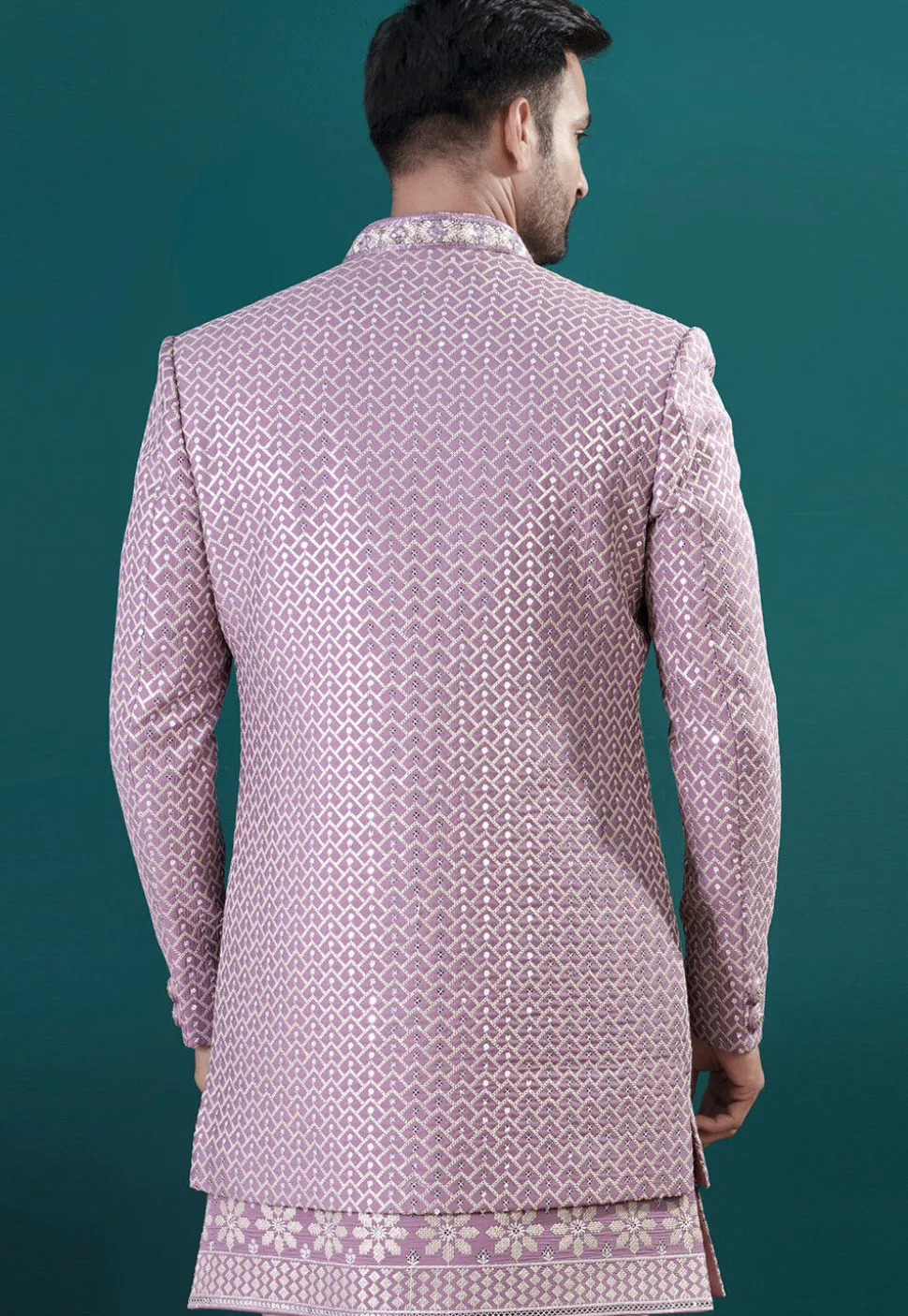 Embroidered Art Silk Sherwani in Purple