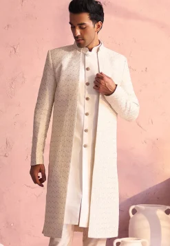 Embroidered Art Silk Sherwani in Cream
