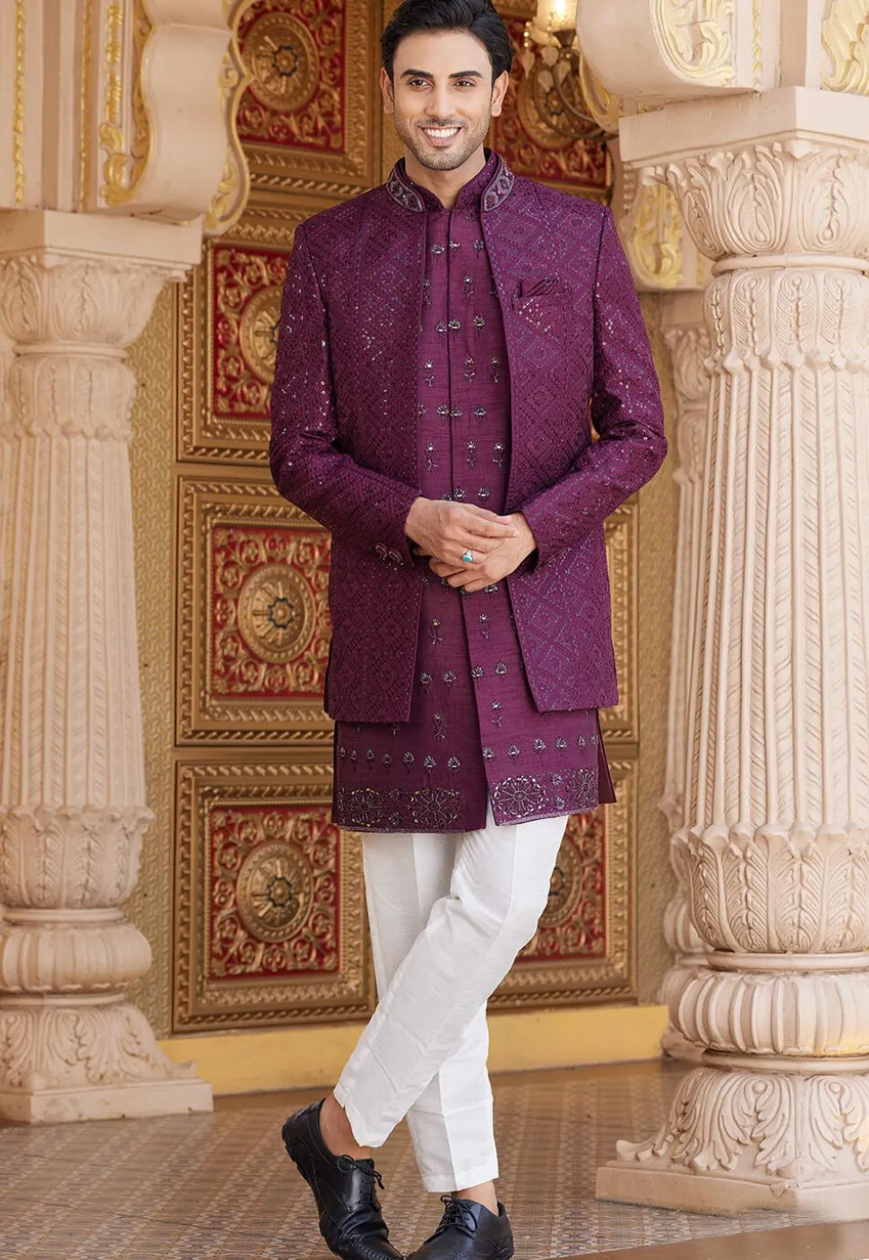 Embroidered Art Silk Sherwani in Wine