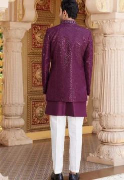 Embroidered Art Silk Sherwani in Wine