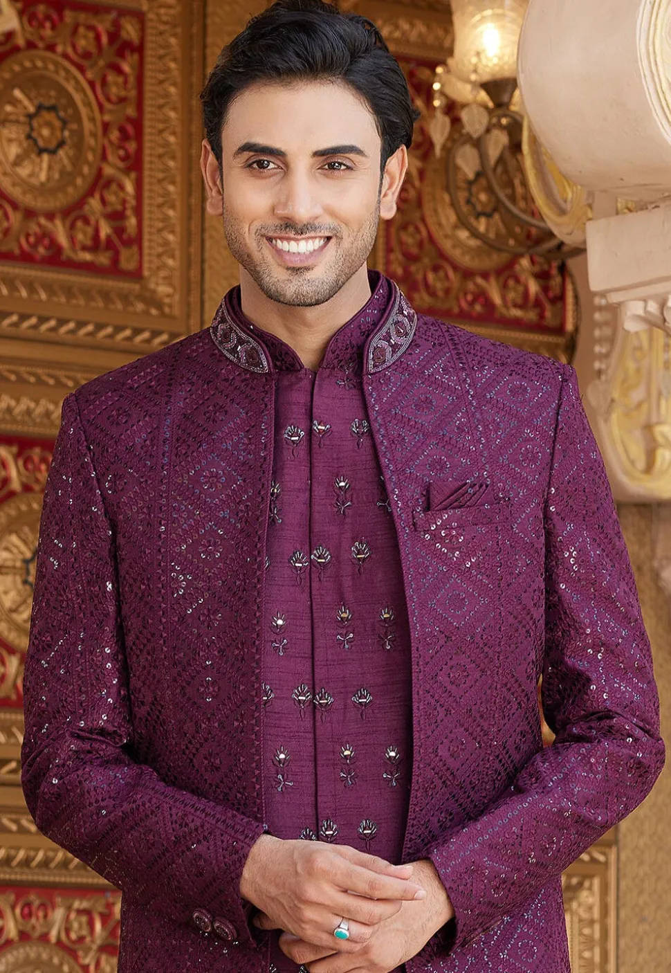 Embroidered Art Silk Sherwani in Wine