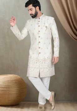 Embroidered Art Silk Sherwani in Off White