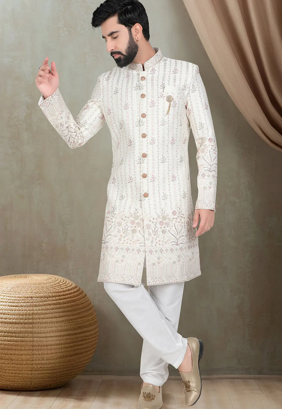 Embroidered Art Silk Sherwani in Off White