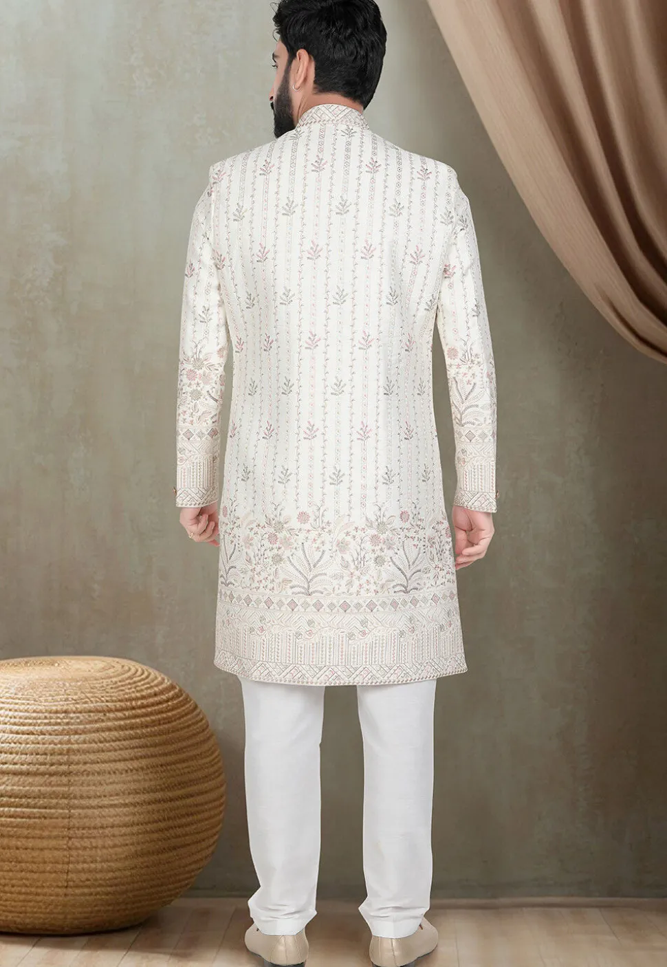 Embroidered Art Silk Sherwani in Off White