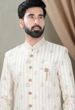 Embroidered Art Silk Sherwani in Off White