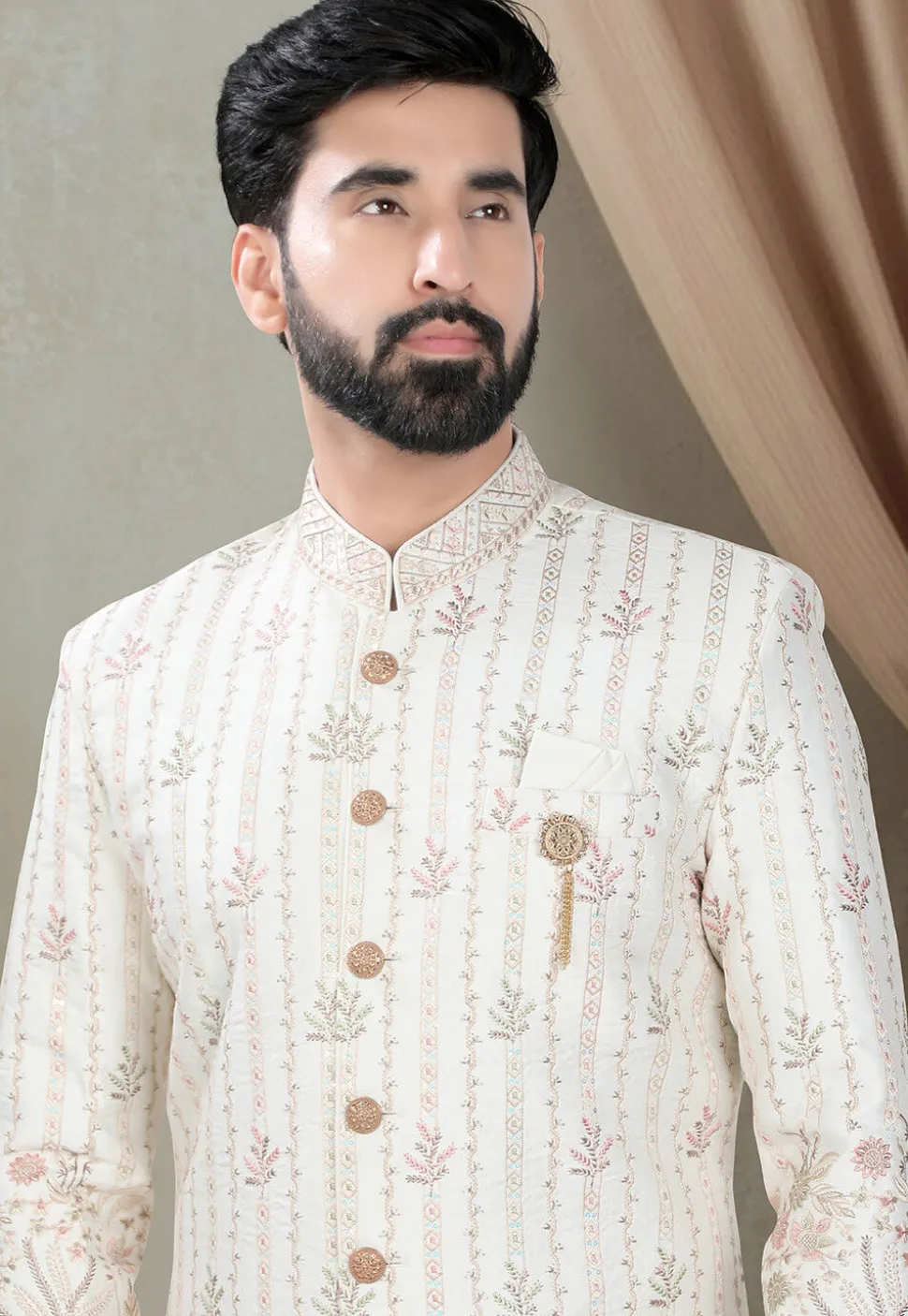Embroidered Art Silk Sherwani in Off White