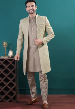Embroidered Art Silk Sherwani in Fawn