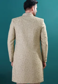 Embroidered Art Silk Sherwani in Fawn