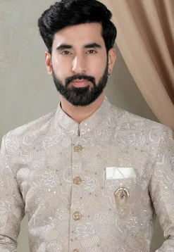 Embroidered Art Silk Sherwani in Beige