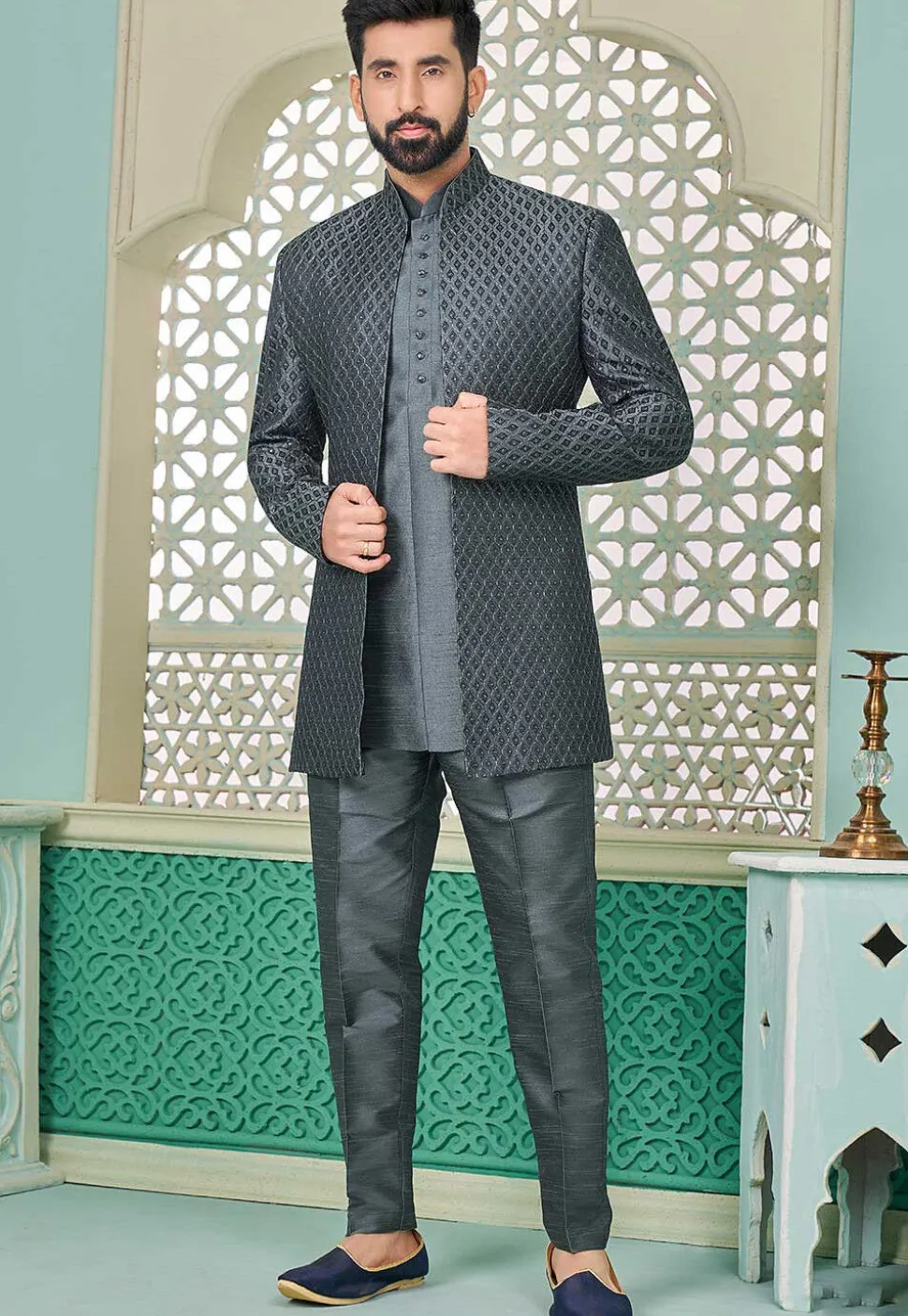 Embroidered Art Silk Sherwani in Grey