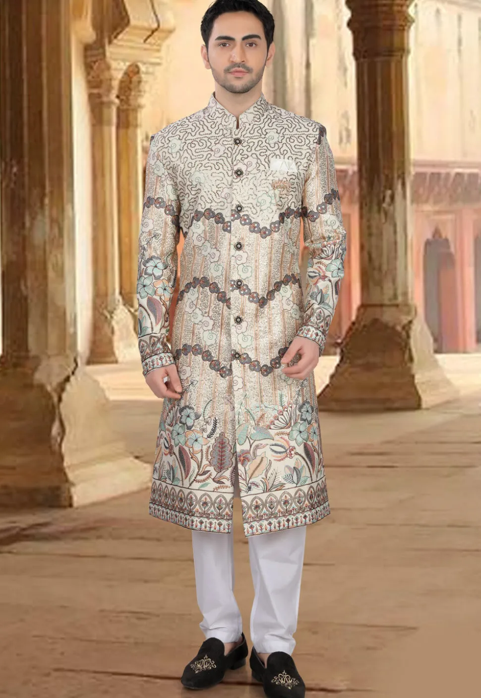 Embroidered Art Silk Sherwani in Off White