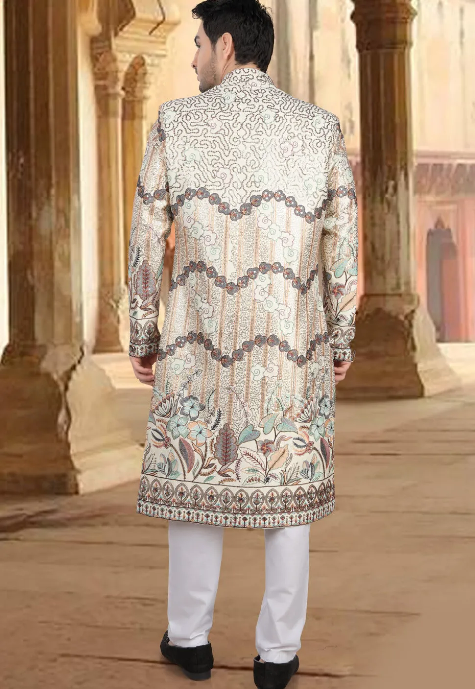 Embroidered Art Silk Sherwani in Off White