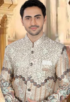 Embroidered Art Silk Sherwani in Off White