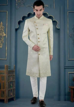 Embroidered Art Silk Sherwani in Light Green