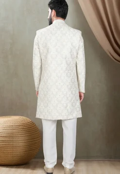 Embroidered Art Silk Sherwani in Off White