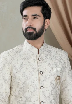Embroidered Art Silk Sherwani in Off White
