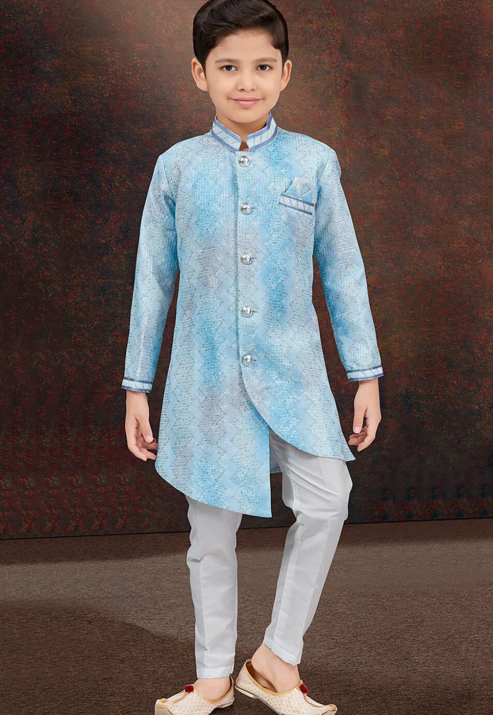 Embroidered Art Silk Sherwani in Blue and Off White