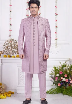Embroidered Art Silk Sherwani in Purple