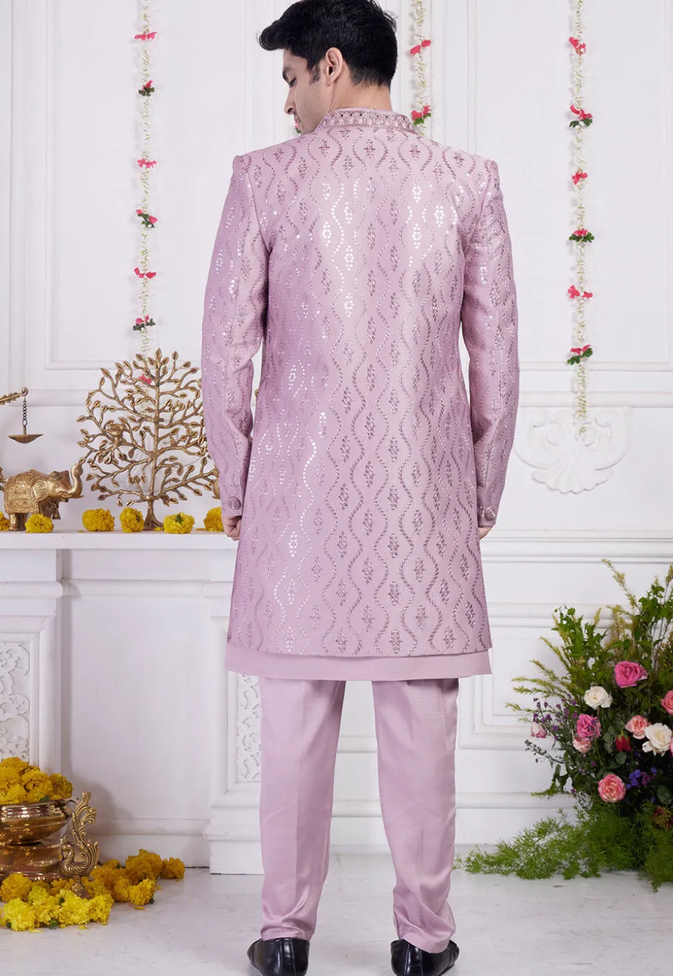 Embroidered Art Silk Sherwani in Purple