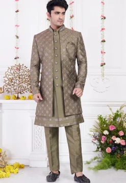 Embroidered Art Silk Sherwani in Dark Olive Green