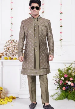 Embroidered Art Silk Sherwani in Dark Olive Green