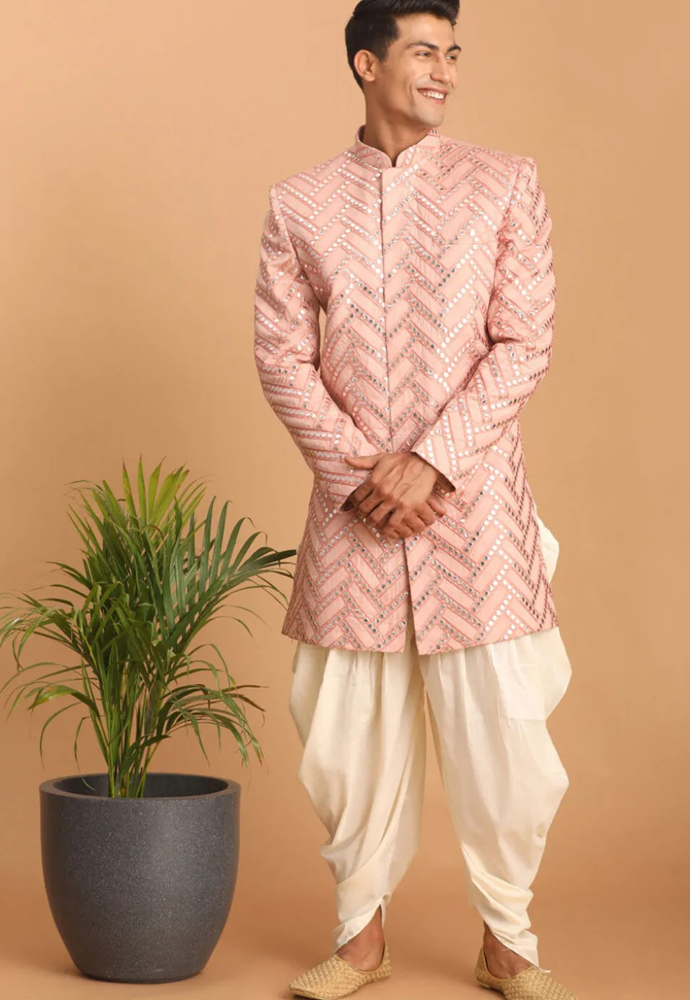 Embroidered Art Silk Sherwani in Peach Pink