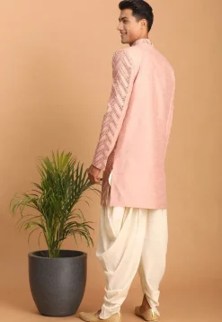 Embroidered Art Silk Sherwani in Peach Pink