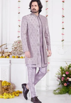 Embroidered Art Silk Sherwani in Purple