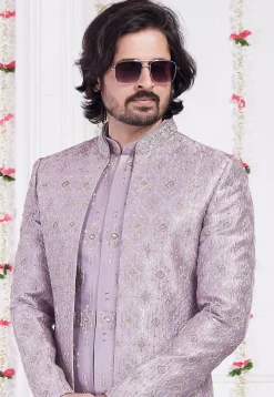 Embroidered Art Silk Sherwani in Purple