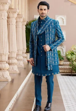 Embroidered Art Silk Sherwani in Teal Blue