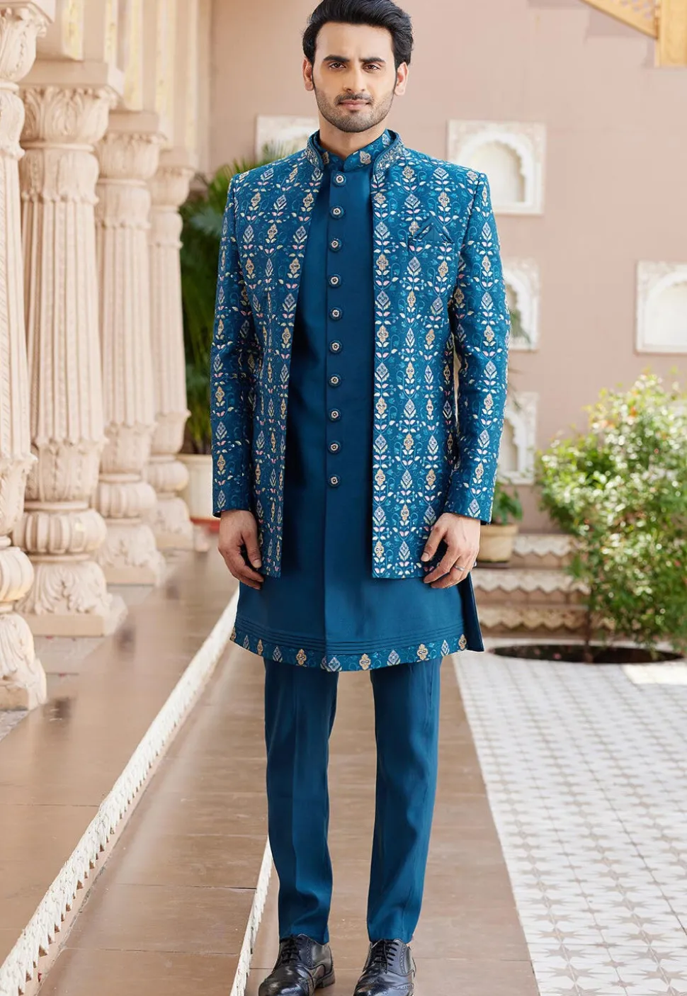 Embroidered Art Silk Sherwani in Teal Blue